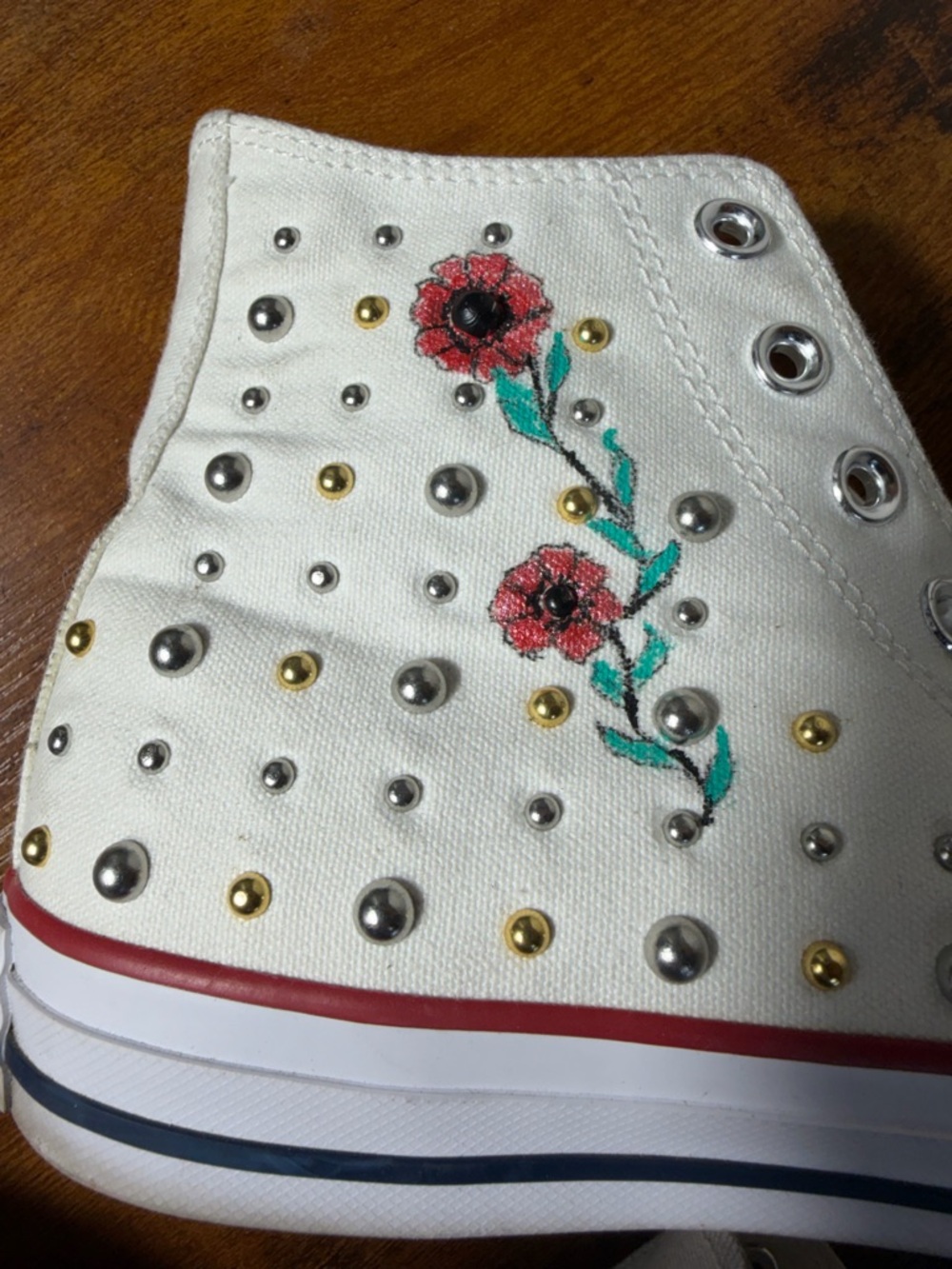 Converse Custom Studded White High Top Sneakers With Floral Detail Women's 9 - Picture 7 of 10